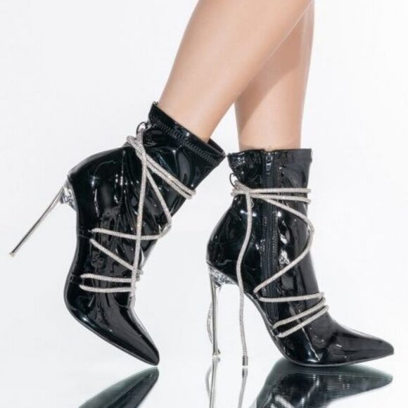 AZALEA WANG  DRIPPIN  WITH DIAMOND LACES STILETTO BOOTIE IN BLACK - Picture 6 of 9